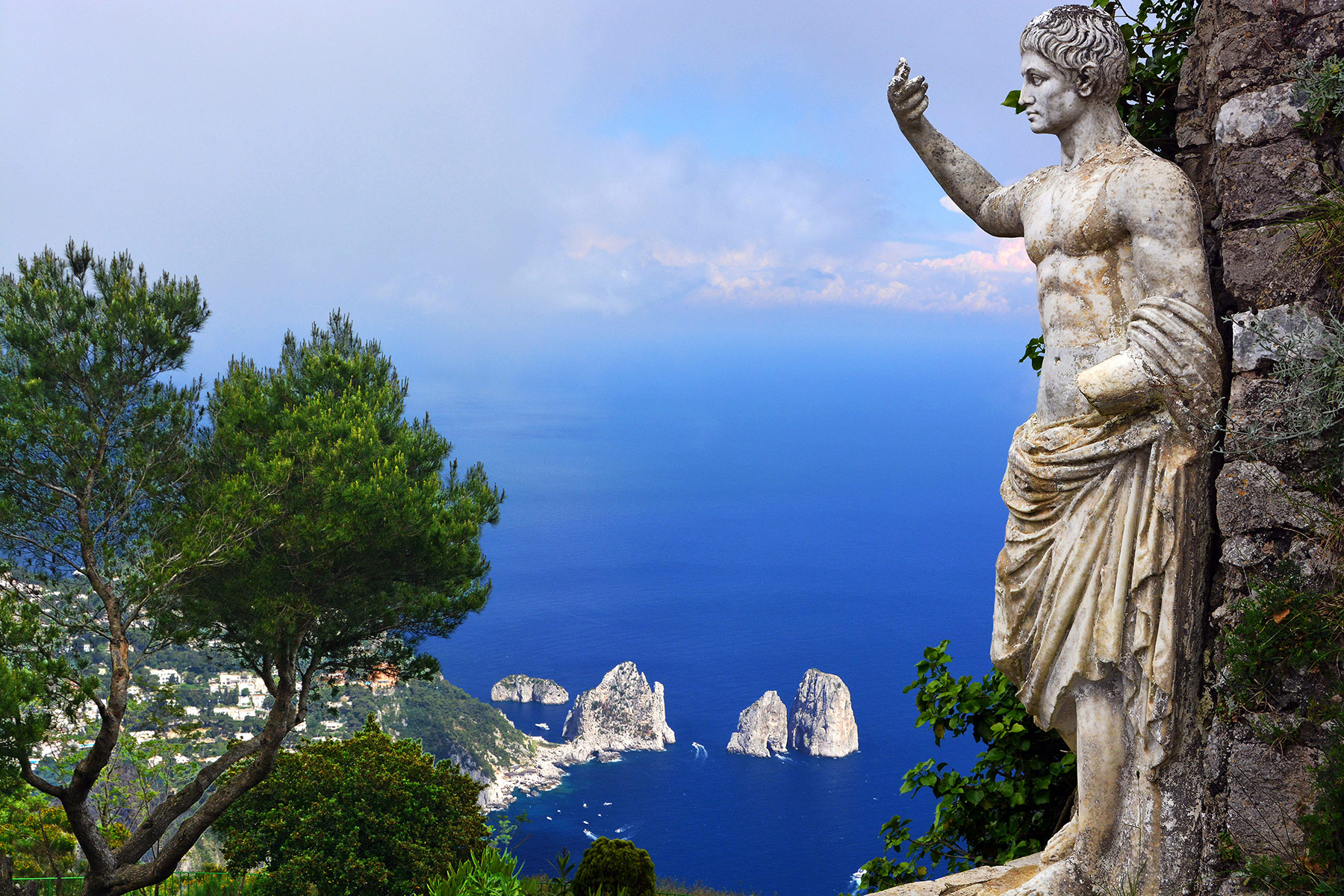 Statue of Augustus & Faraglioni rocks. View from Monte Solaro Capri